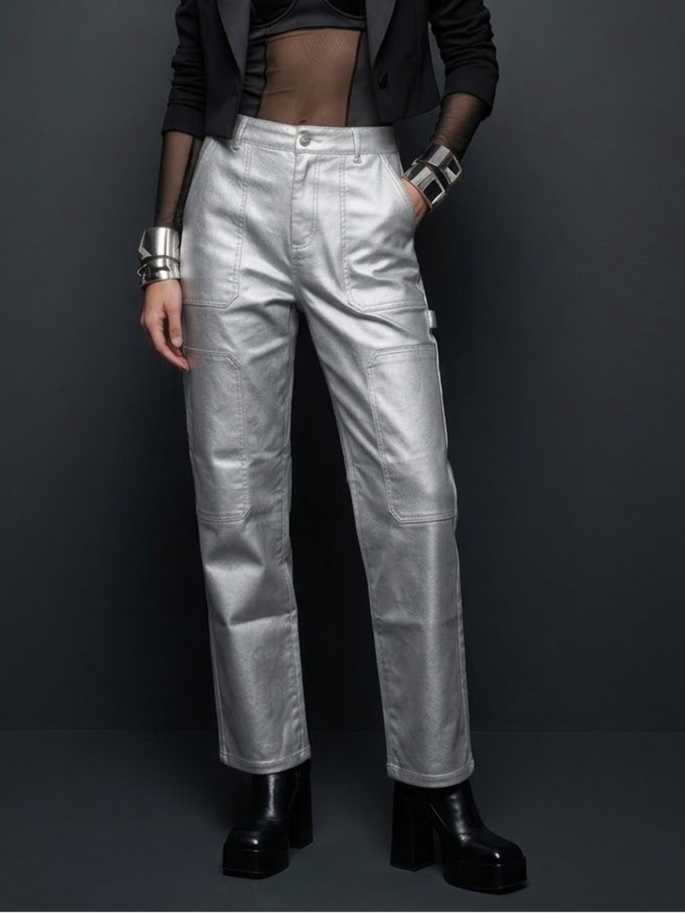Edit by Nine Metallic Silver High Rise Straight Leg Carpenter Pants CP2493 L